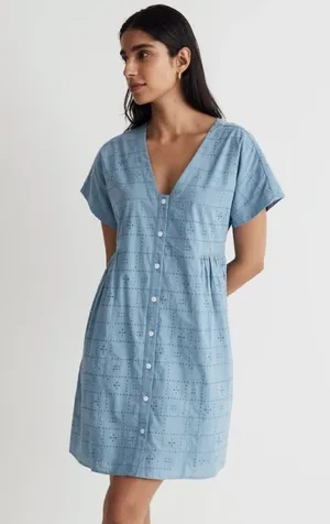 Madewell Eyelet Button-Front V-Neck Mini Dress Large Blue thumbnail 1