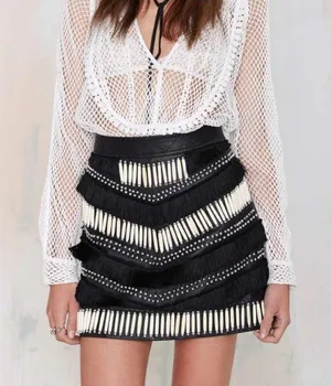 Nasty Gal Easy Rider Black Leather Embellished Fringe Mini Skirt XS thumbnail 1