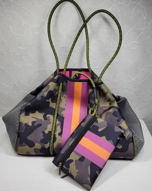 Haute Shore Camo Neoprene Tote Bag Pink Orange Stripe w/ Cosmetic Bag Gym Beach thumbnail 1