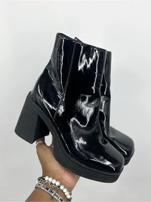 Rogue Vintage Y2K Black Patent Leather Chunky Heel Boots Size 7 Goth Grunge thumbnail 11