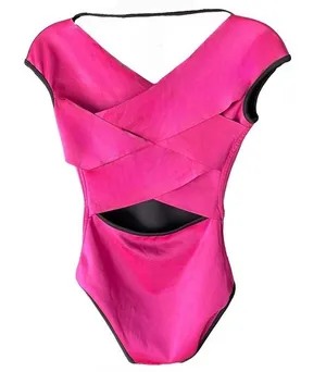 REVERSIBLE Bright Pink & Black Crisscross Open Back Micro Cap Sleeve Leotard thumbnail 1