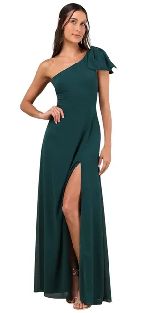 Lulus Simply Brilliant Emerald One-Shoulder Bow Maxi Dress size Large NWT thumbnail 1