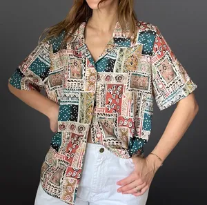 VINTAGE 1990s patchwork pattern button down blouse thumbnail 2