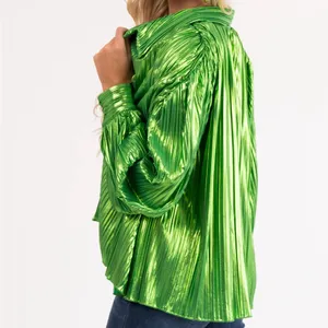 Flying Tomato NWOT Boutique  pleated lime metallic button down top size small thumbnail 4