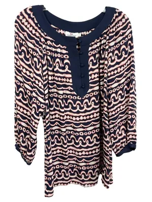 Vineyard Vines Large Top Silk Navy Blue Pink Fish Stripe Print‎ Long Sleeve 635 thumbnail 1