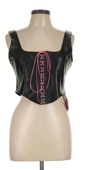 Blackmilk Black Faux Leather Corset Crop Top with Pink Lace-Up thumbnail 1