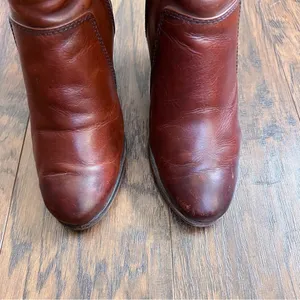 Frye • Patty Riding Bootie brown leather Redwood ankle boot heeled strap buckle thumbnail 5