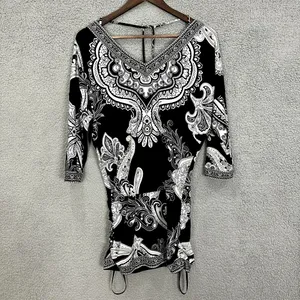 White House Black Market Mini‎ Dress Womens Small Paisley V Neck Ruched Boho Y2K thumbnail 3