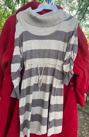Pink Rose Taupe and Cream Striped Cowl-Neck Sweater Dress thumbnail 1
