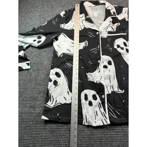 Black Ghost Print Pajama Set Women Large Long Sleeve Button Down Halloween PJs thumbnail 5