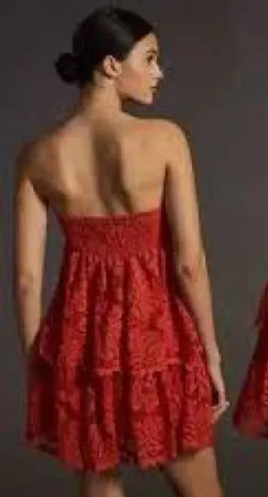 Maeve Anthropologie Strapless Red Lace Dress Size XS‎ EUC thumbnail 1