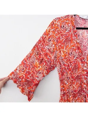 IRO Rhodey Frayed Ruffle Trim Crepe Playsuit 44 Red Romper Floral 12 Loose Fit thumbnail 6