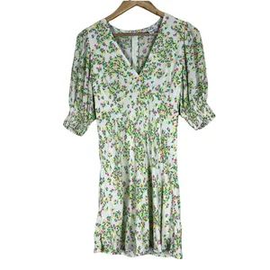 RIXO for Target Floral Tulip Mini Dress White Pink Green Smocked Puff Sleeve 2 thumbnail 2
