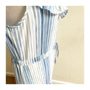 MISA Los Angeles Medium Aleja Stripe Print Linen Midi Dress White Blue Tassel thumbnail 10