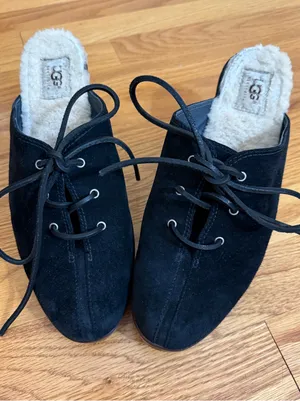 UGG Australia Shearling Lined Molly Black Suede Lace Up Heeled Mules Sz 10 EU 41 thumbnail 1