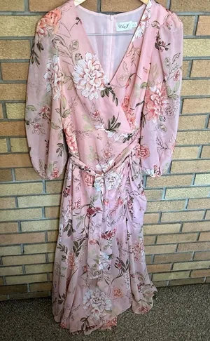 NWT Eliza J Women's Long Sleeve Surplice Floral Foil Print Chiffon Dress Size 10 thumbnail 1