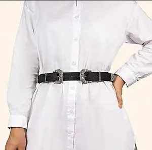 Double-Buckle Western Belts for Women, Vintage Design Leather Rhinestone Waist B thumbnail 1