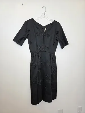 The Dressmaker Custom Dress Satin Brocade Floral Black Midi Fit N Flare Small thumbnail 2