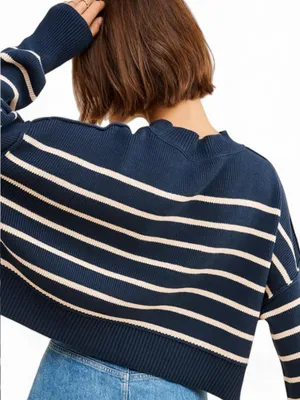 Free People Easy Street Navy and Cream Stripe Crop Pullover Sweater Size L thumbnail 3