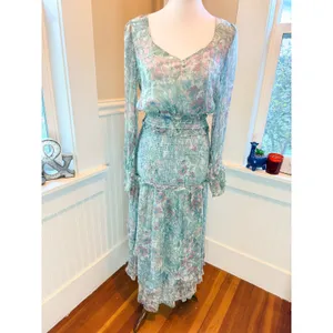 LoveShackFancy Floral Smocked Midi Dress Blue Pink Ruffle Size M thumbnail 2