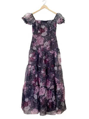 NWT Lulus Delightful Expression Maxi Dress Sz Medium Black Purple Floral Organza thumbnail 3
