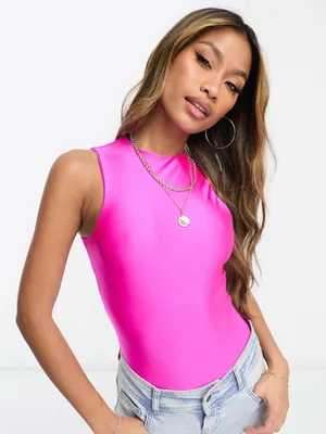 ASOS DESIGN disco racer bodysuit in hot pink thumbnail 1