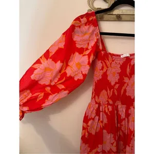 Karlie Red Pink Combo Floral Smocked Midi Dress S thumbnail 2