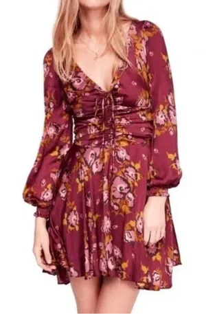 Free People Purple Gold Morning Floral Mini‎ Dress Size 12 Boho thumbnail 1