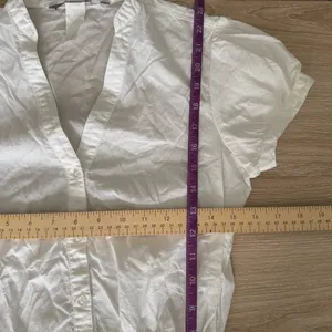 Y2K XS White‎ Sheer Drawstring Button Up Blouse V Neck Puff Short Sleeve Office thumbnail 4