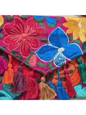 NWOT Mexican Embroidered Crossbody Envelope Purse Multicolor Floral Tassels thumbnail 8