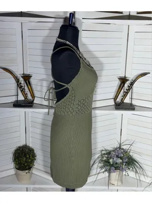 Y2K mini dress sage green crocheted cotton boho fairy backless festival grunge L thumbnail 3