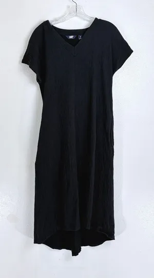 Minimalist Black Cotton Gauze V-Neck Midi Dress Lands' End Pockets S thumbnail 1