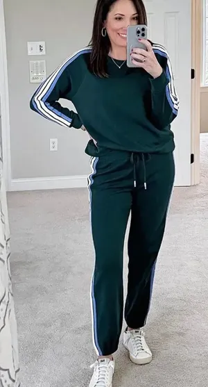 Lou & Grey Green Stripe Sweatsuit Sweatshirt and Sweatpants Women’s Large/XL thumbnail 1