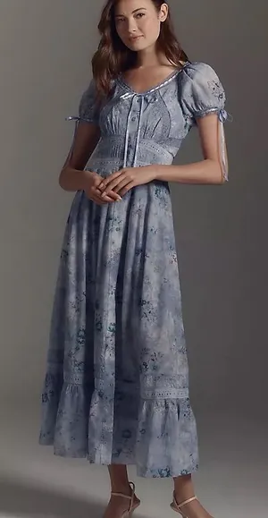 Anthropologie Lace Trim Floral Maxi Dress Large NWT Blue Cottagecore thumbnail 1