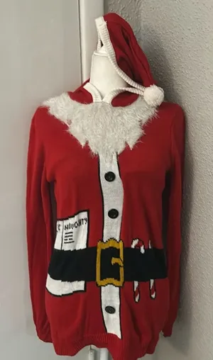 Rue21 Red/Black Holiday Christmas Santa Hooded Ugly Sweater S Cosplay Kidcore thumbnail 1