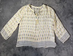 Joie Medium 100% Silk Ikat Tassel Tie Boho Peasant Blouse Ivory Blue Sheer Work thumbnail 2