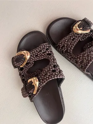 Woven Buckle Slide Sandals in Dark Brown with Gold Hardware thumbnail 2