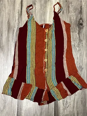 Free People August Striped Button Front Ruffle Mini Romper Red Orange Multi XS thumbnail 1