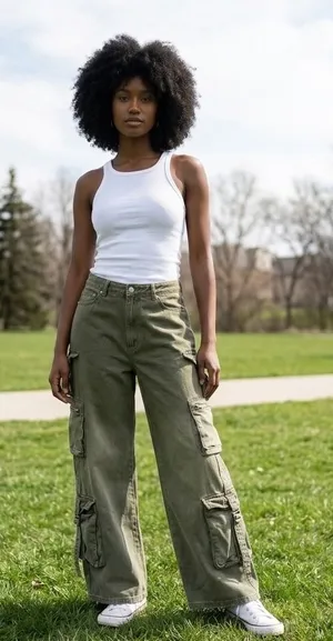 Forever 21 Premium Olive‎ Green Cargo Jeans Wide Leg Multi Pocket Womens Size 28 thumbnail 1