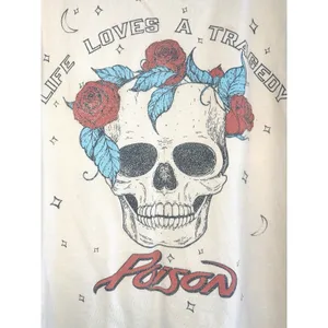 Poison Band Tee T-Shirt XS Skull Roses Life Loves A Tragedy Graphic Retro‎ Cream thumbnail 2