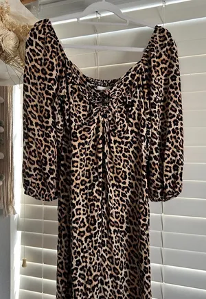 Leopard Print Milkmaid Midi Maxi Dress Mob Wife Medium H&M thumbnail 1