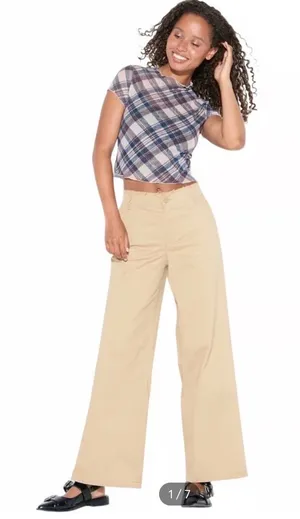 Wild Fable Women's Beige Khaki Wide Leg Raw Hem Waistband Pants thumbnail 1