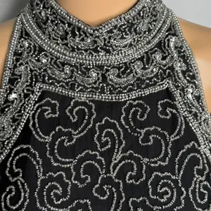 Vintage 1980s Papell Boutique Black Silver Beaded Silk Evening Top Small thumbnail 14