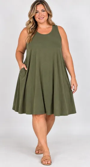 Ava & Viv Olive Green Sleeveless Swing Dress Plus Size 1X Tank Knit Scoop Neck thumbnail 1