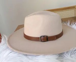 Beige fedora with brown faux leather buckle trim, brand new thumbnail 3