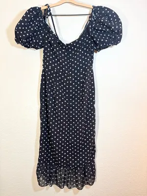 Pretty Little Thing Black Polka Dot Puff Sleeve Off Shoulder Midi Dress Size 6 thumbnail 5