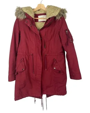Zara‎ Red Full Zip Cinched Waist Fur Trim Hood Parka Jacket S thumbnail 1