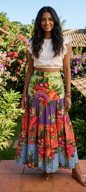 Farm Rio for Anthropologie Floral Tiered Swiss Dot Maxi Skirt Size XS thumbnail 1