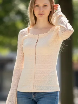 Lace-Trim Sheer Blouse - Cream thumbnail 1