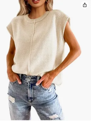 Women’s Size Medium Cap Sleeve Sweater Vest Crewneck Apricot Cream Orange RC6487 thumbnail 2